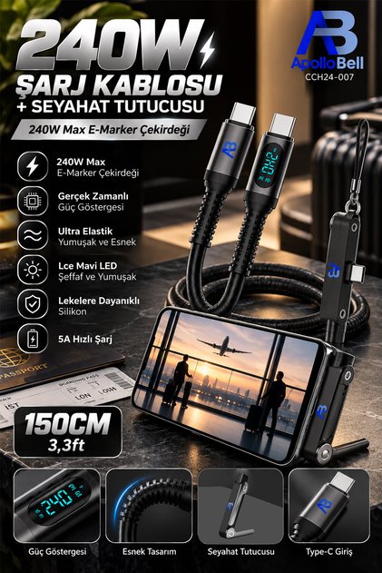 240W Şarj Kablosu + Seyahat Tutucusu, Gerçek Zamanlı Güç Göstergeli Siyah 150 cm/5 ft CCH24-007