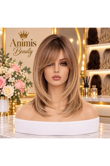 Peruca medie Blond Miere, fibra sintetica cu aspect natural, par mediu drept, cu semi breton, 40 cm