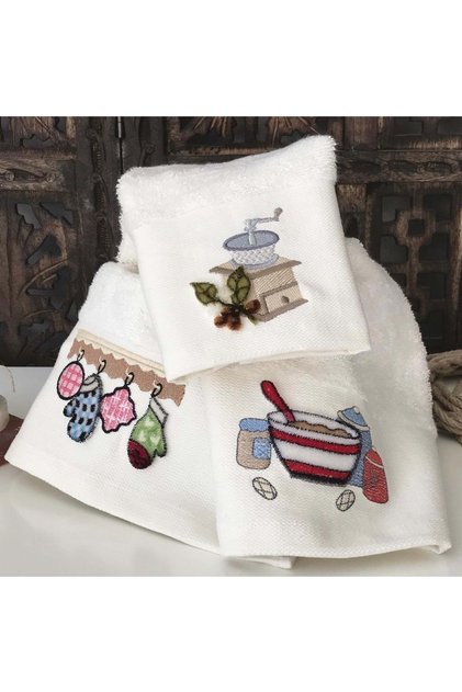 Practical 2 - Embroidered Kitchen Towel 70% Bamboo 30% Cotton - Cream Set of 3 30X50