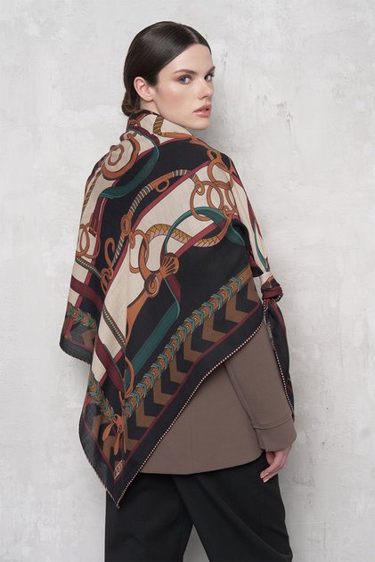 Chain Pattern Wool Silk Shoulder Shawl - Burgundy