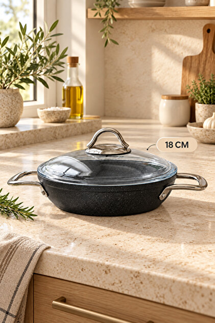 Pro Plus 18 cm Titanium Coated Pan – Titanium Coating on the Inside and Outside, Fireproof Non-Stick Egg Pan with Pyrex Glass Lid
