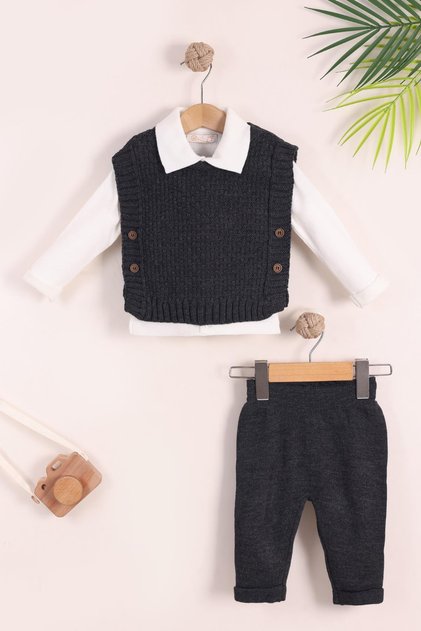 Black Baby Boy Knitwear 3-Piece Set – Vest Set , with Pants, Long Sleeves