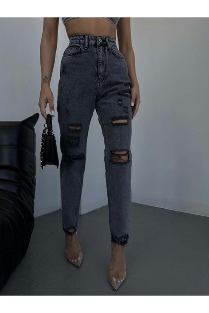 Pantaloni din denim cu talie înaltă, spălați și afumati, stil Mom Fit