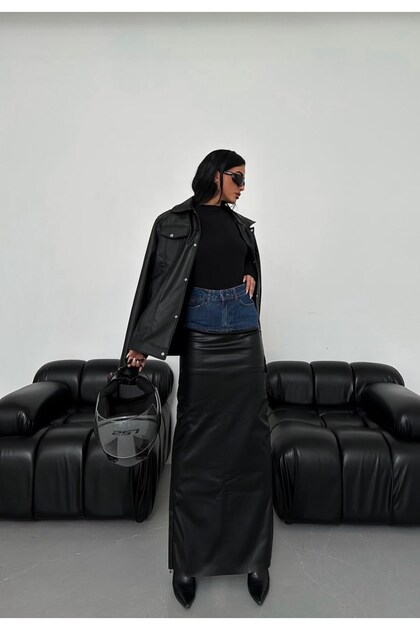Double Textured Denim Leather Mix Maxi Skirt - Leather Skirt with Denim Detail at the Waist
