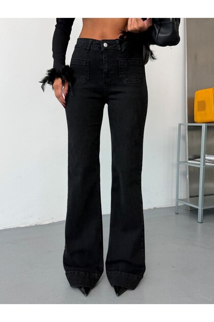 Women's High Waist Spanish Flare Jeans with Front Patch Pockets