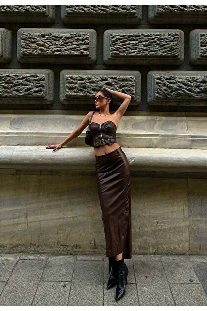 Espresso Leather Maxi Skirt - Long Leather Skirt with Slit and Button Detail