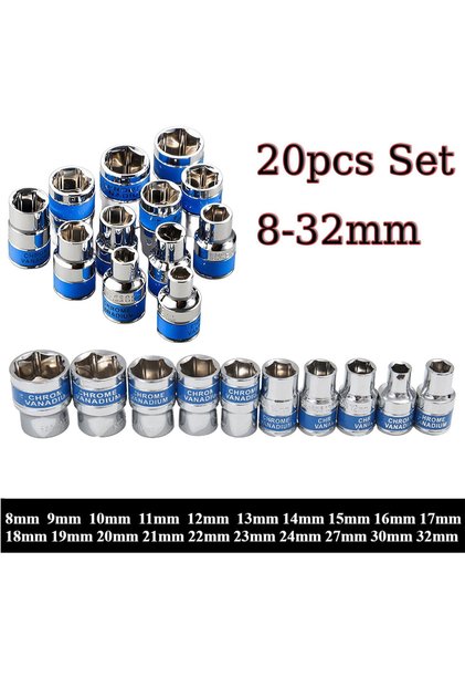 20pcs 8-32mm 8-32mm 1/2 Inch Hex Metric Short Socket CR-V Ratchet Wrench Sockets Ratchet Spanner Too