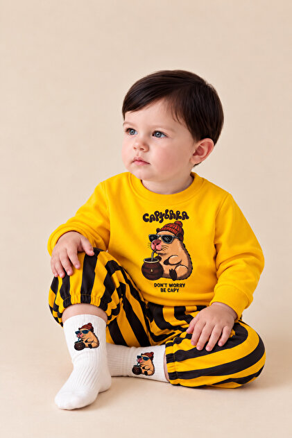 Capybara Printed Stretchy Fabric Sweatshirt, Striped Trousers and Printed Socks 3-Piece Seasonal Baby Boy Set