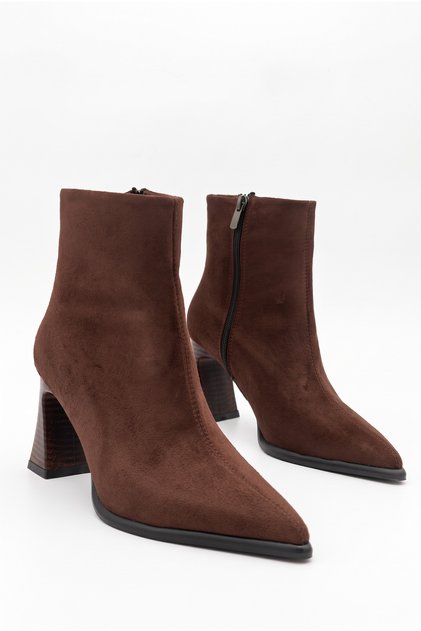 Women's Thick Heeled Pointed Toe Stitched Detailed Bitter Brown Suede Daily Boots