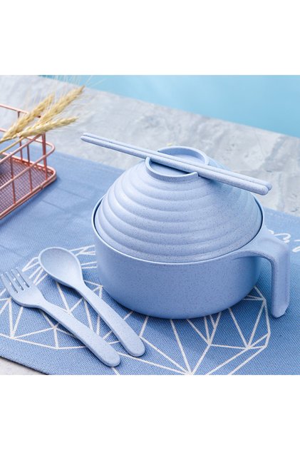 Blue Ramen Bowl Set Ramen Noodles Bowl With Chopsticks Ramen Bowl Microwavable Cooker Bowl with Lid