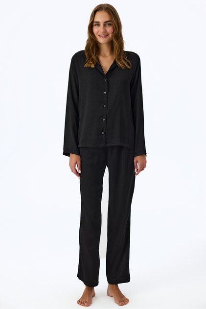 Set de pijamale cu pantaloni și cămașă cu mânecă lungă, cu imprimeu șarpe, din satin negru Fleur