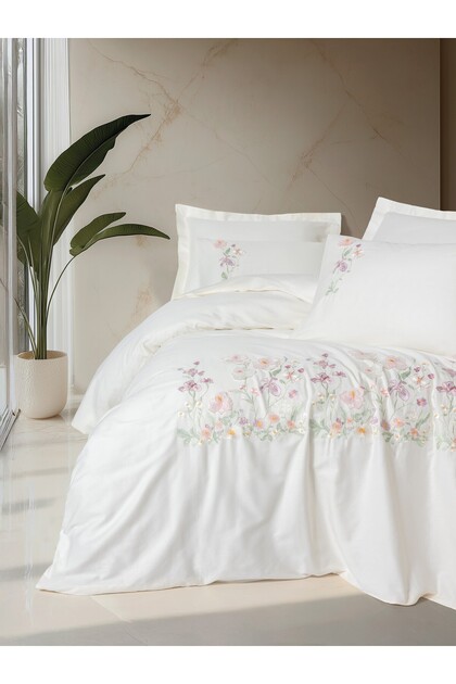 3D Embroidered Double Satin Duvet Cover Set Zephy Ecru