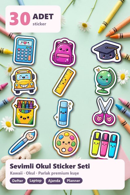 Kawaii School Supplies Sticker Set 30 Pieces - Cute Stationery Laptop Notebook Agenda