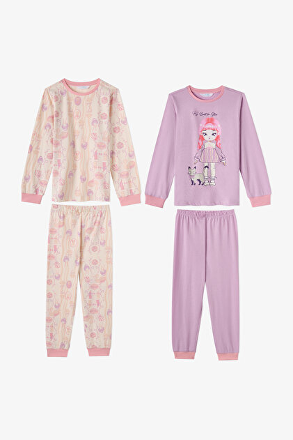 Set pijamale pentru fete, din bumbac, cu mâneci lungi, 2 piese, Lila Starlit Friends