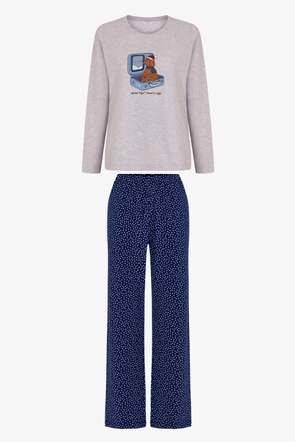 Gray Melange Winter Trip Christmas Patterned Long Sleeve Pants Pajama Set