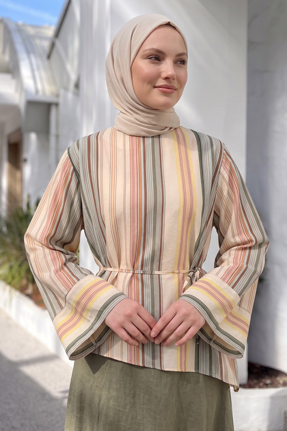 Striped Asymmetrical Blouse Y0166 - Khaki