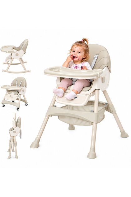 KinderVibe 4-в-1 Сгъваем стол за хранене, бял/сив с поднос, калъф , може да се пере , колелца, 5-точкова обезопасителна система