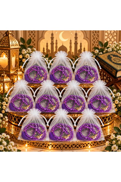 10 Purple Gift Tulle Pouch Pearl Rosary (Mevli̇d-Hac-Umre-Sünnet)