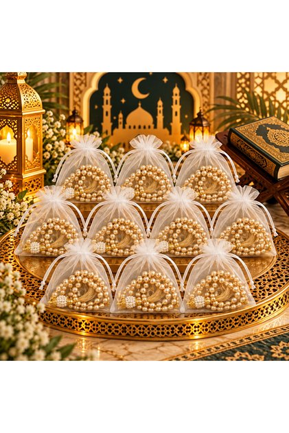 10 Gold Gift Tulle Pouch Pearl Prayer Beads (Mevli̇d-Hac-Umre-Sünnet)