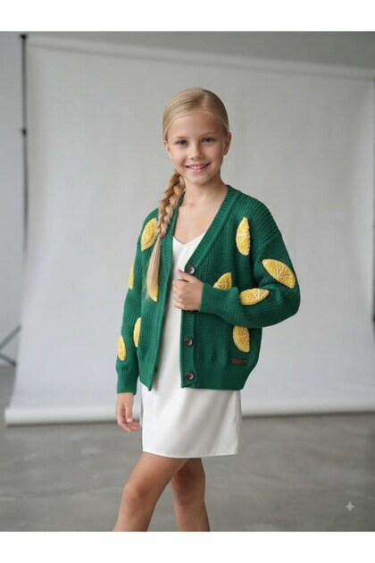 Girl's Lemon Embroidered Motif Knitwear Cardigan and Hair Clip