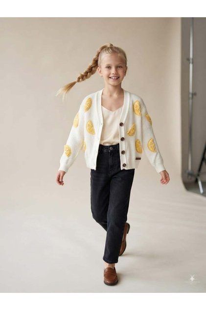 Girl's Lemon Embroidered Motif Knitwear Cardigan and Hair Clip