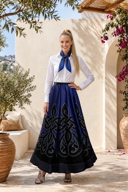 Peak Blue Black Carved Patterned Silky Textured Chiffon Skirt
