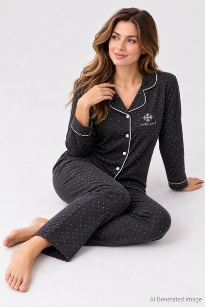 Women's Polka Dot Patterned Buttoned Long Sleeve Pajama Set Black 100% Cotton
