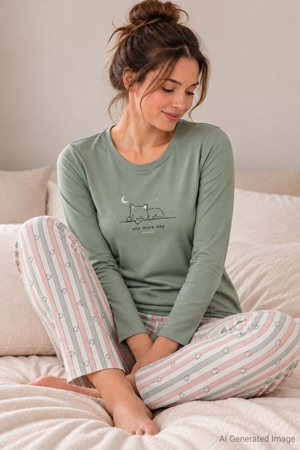Women's Cat Patterned Long Sleeve Pajama Set Green 100% Cotton