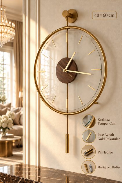 ORJİNAL METAL TEMPERLİ CAMLI Messina Luxry Orta Boy Kırılmaz Camlı Sessiz Metal Duvar Saati, 40x60 Dekoratif Modern Lüks Gold Metal Duvar Saati