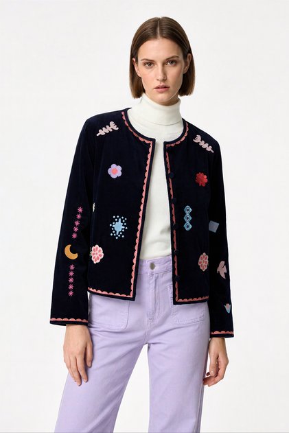 Women's Navy Blue Embroidered Comfort Fit Coat Jacket