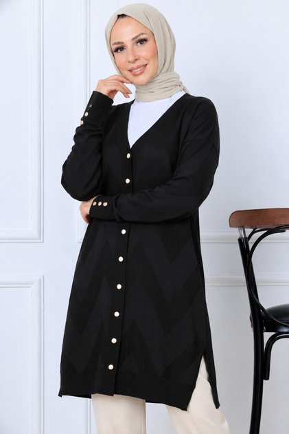 Patterned Long Mercerized Cardigan N3193 Black