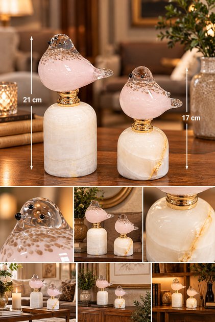 2'li Üfleme Cam Mükemmel Dekoratif Kuş Biblo Beyaz Kaideli Pembe Renkli El Yapımı Masaüstü Süs Objesi (17-21 Cm)