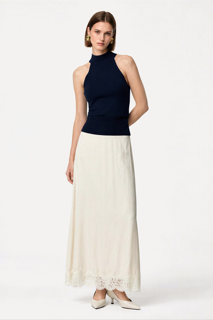 Women's Stone Color Lace Detailed A-Form Midi Skirt