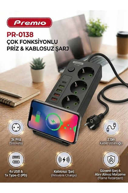 3 Lü Temassız Hızlı Şarj 4 Usb' Li 1 Typ-c Girişli Grup Priz Renk