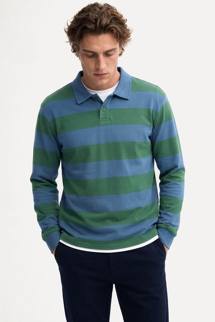 Men's Blue Striped Comfort Fit Polo Collar Sweatshirt