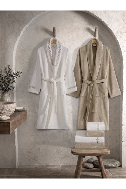 Sultan 6 Piece Velvet Cotton Bathrobe Set - Cream/Beige