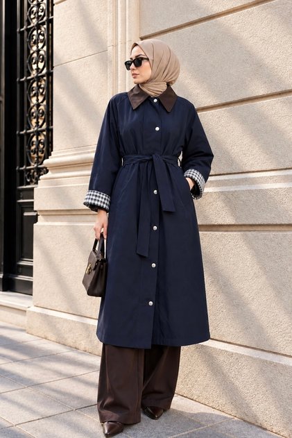 Navy Blue Zippered and Snap-Fastened Belted Lined Trench Coat