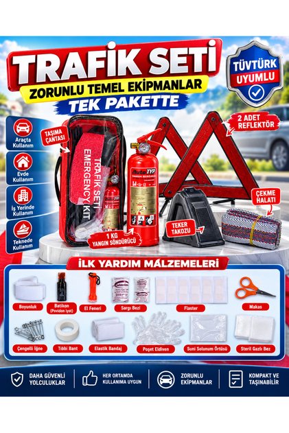 Araç Trafik Seti İlk Yardım Seti Tuvtürk Muayene Uyumlu 1 kg Yangın Tüpü Çantalı Trafik Set