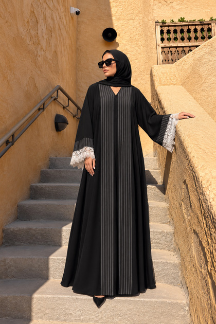 Élise Noir – Black Pinstripe Abaya with Elegant White Lace Cuffs -New Collection