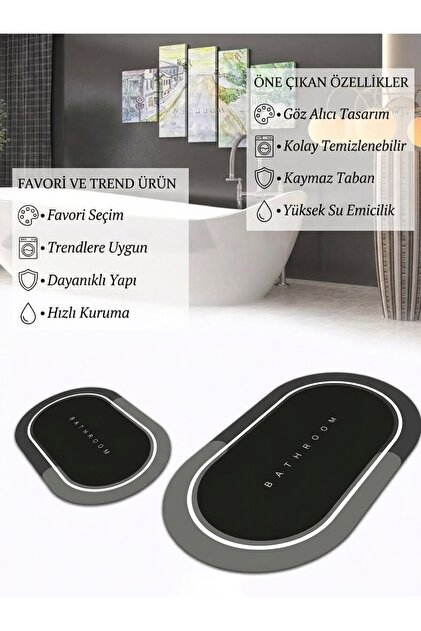 Kaymaz Tabanlı Yıkanabilir Set 60x100 50x60 Banyo Halısı Banyo Paspası 2'li Klozet Takımı Bathroom