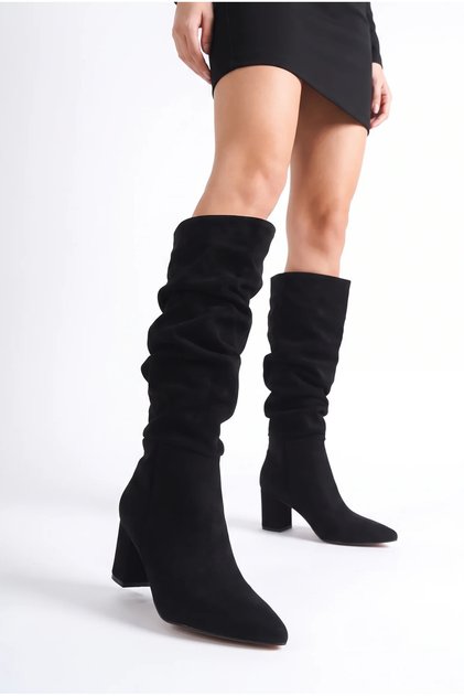 Women's Gusseted Design Thick Heeled Pointed Toe Black Suede Boots (Buy One Size up)