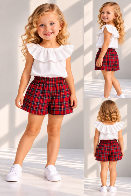 Baby Girl White Blouse & Red Plaid Patterned Shorts Set