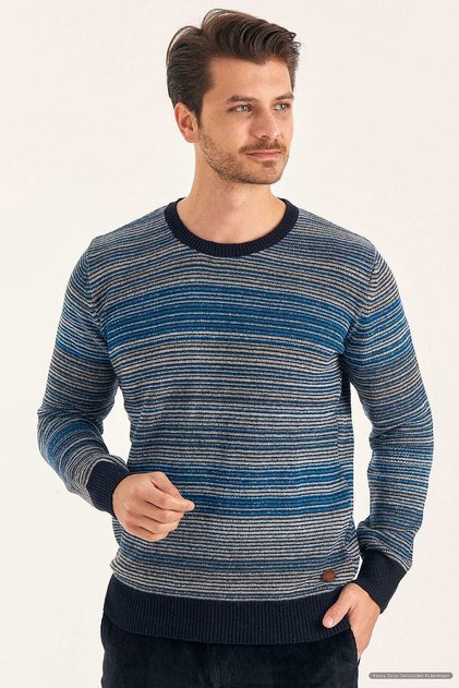 Montego Petrol Wool Crew Neck Striped Sweater
