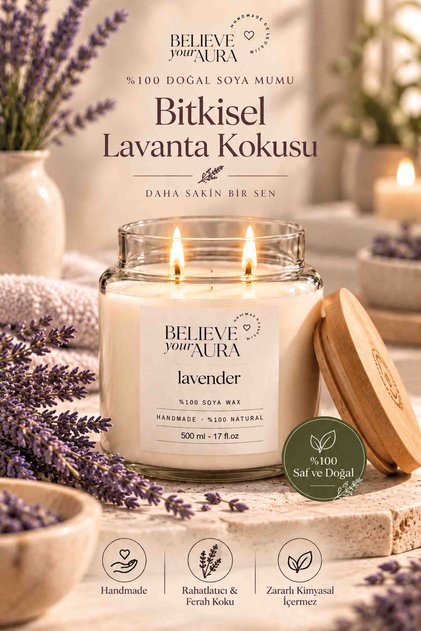 Lavanta Kokulu Kavanoz Mum - %100 Doğal Soya Mumu Bambu Kapaklı Aromaterapi Kavanoz Mum - 500 cc