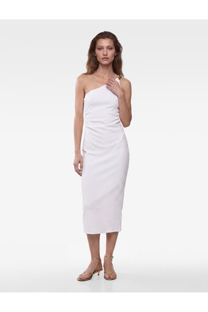 X Sibil Çetinkaya - One-Shoulder Bodycon Dress with Asymmetrical Collar and Wrinkled Fabric Accessories