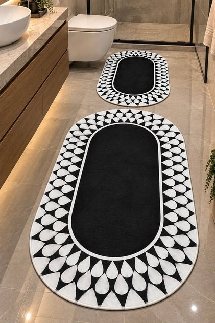 Siyah Beyaz Damla Oval Kesim Makinede Yıkanabilir Kaymaz Taban 2’li Takım Banyo Paspası