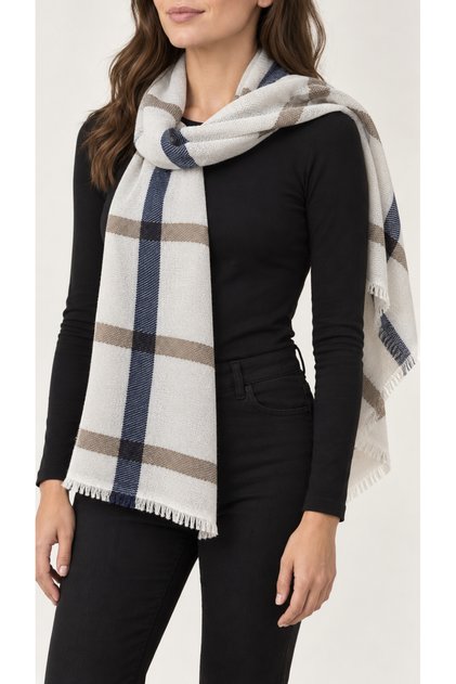 Cream Plaid Patterned Wool Shoulder Shawl | Soft Textured Winter Shawl