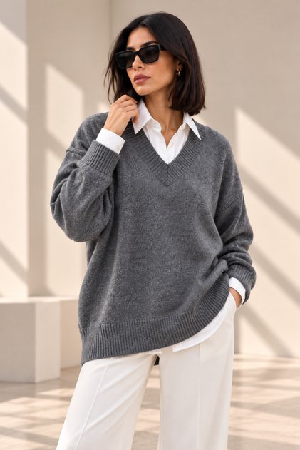 Women's Anthracite V-Neck Oversize Loose Knit Sweater