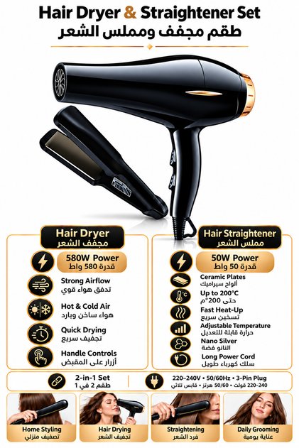 2-in-1 Hair Dryer & Straightener Set, Blow Dryer & Flat Iron Hair Styling Set for Women
