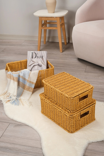 Roberta - 3-Piece Rattan Covered Rectangular Organizer Multi-Purpose Basket Set
